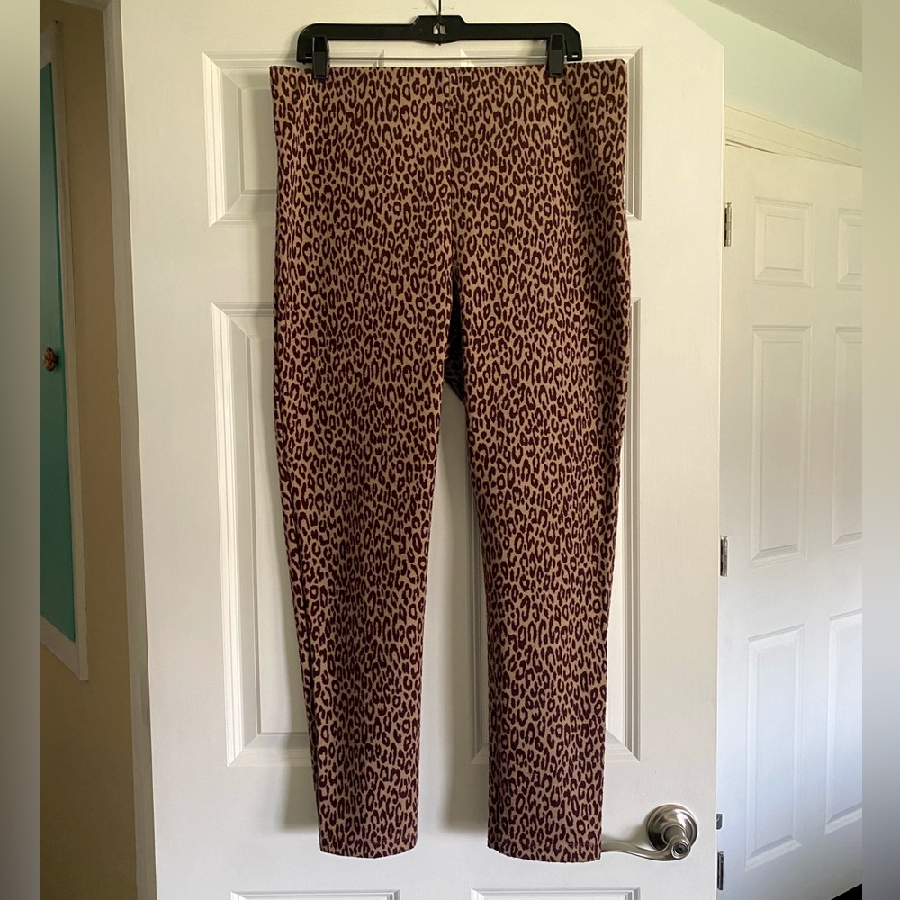 Ann Taylor Brown Tan Animal Print Stretch Knit Slim Pants Sz L Side Zip